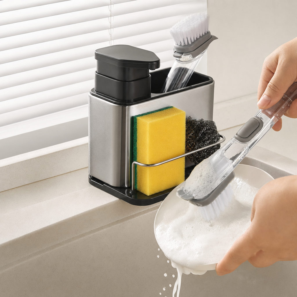 Organisateur d'évier avec distributeur de savon en acier – en situation