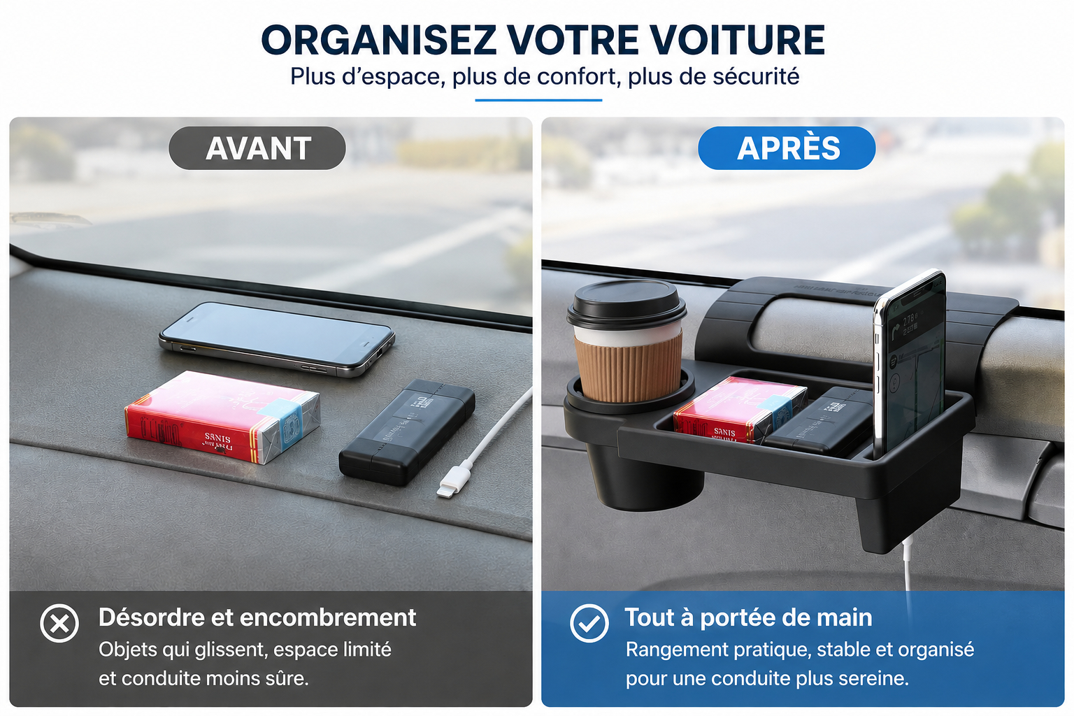 Support multifonctionnel pour téléphone et rangement de voiture